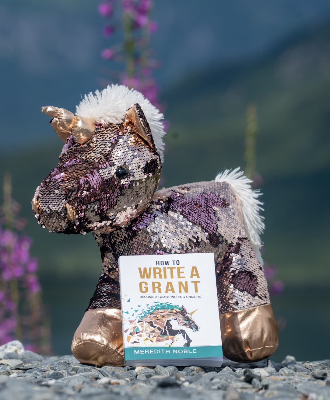 Sparkly grant writing unicorn with book