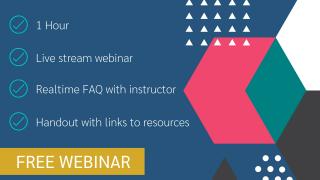 Webinar title screen, 1 hour livestream webinar realtime faq with instructor handout with links to resources